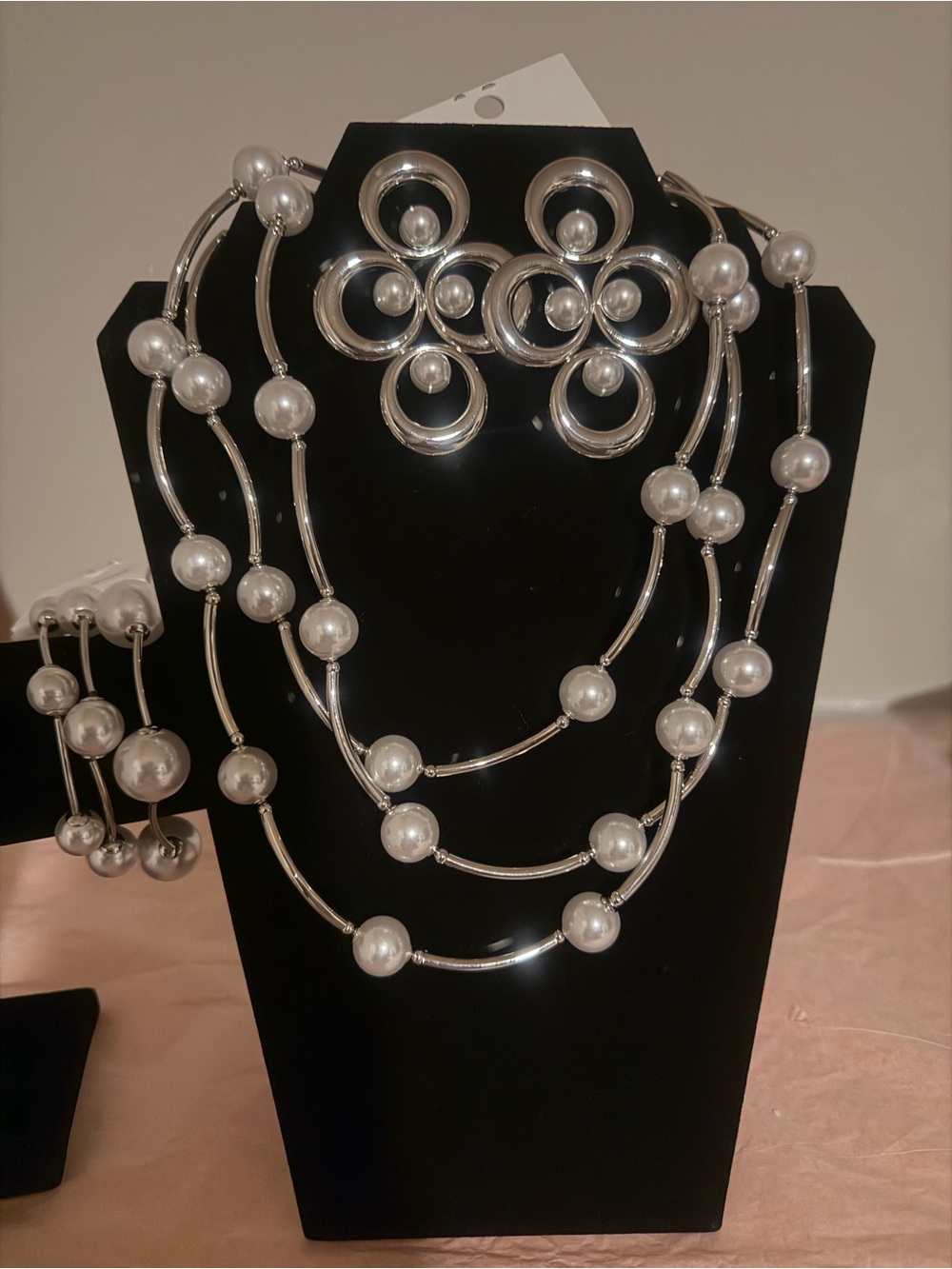 Silver Pearl Multi-Strand Necklace Bracelet &Earring Set